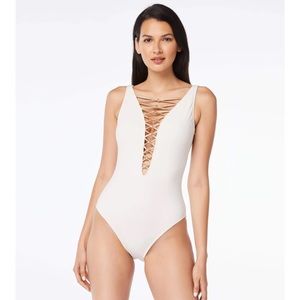 Bleu Rod Beattie Let's Get Knotty Coconut Water Lace Down One Piece rose gold